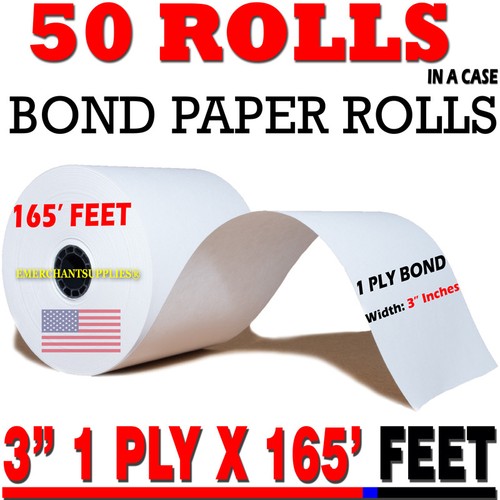 Box Of 50 Rolls Bond Paper For Kitchen Printer / Cash Register - 3" X 165' Receipt Tape (1-Ply)