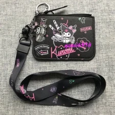 Cute Black Kuromi ID Card Holder Coin Purse Lanyard Neck Strap Charm Keychain