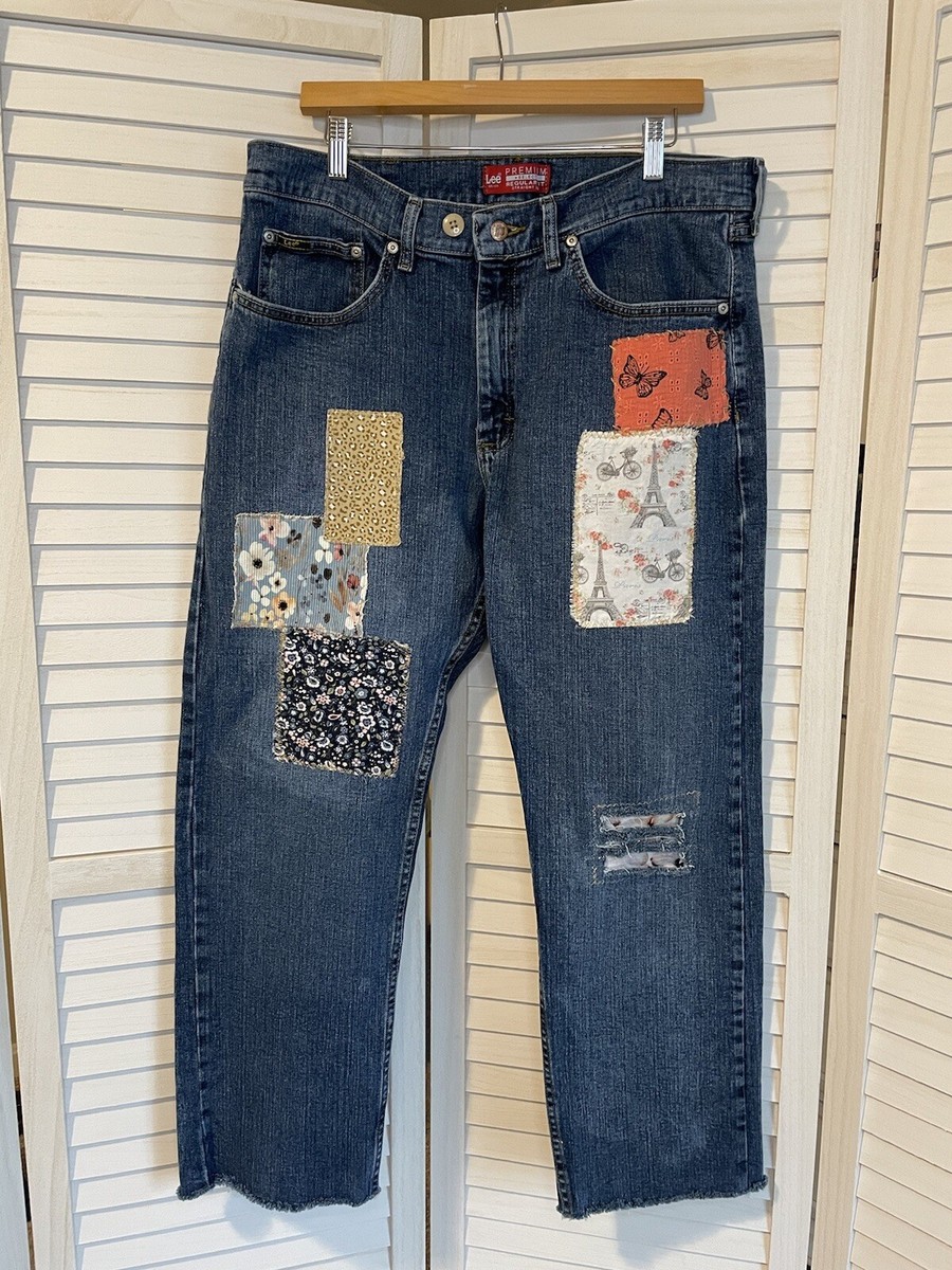 【2plan】Qoo Back Painting Denim Pants Upcycled Patchwork Boho Lee brand Art Jeans 36 x 28