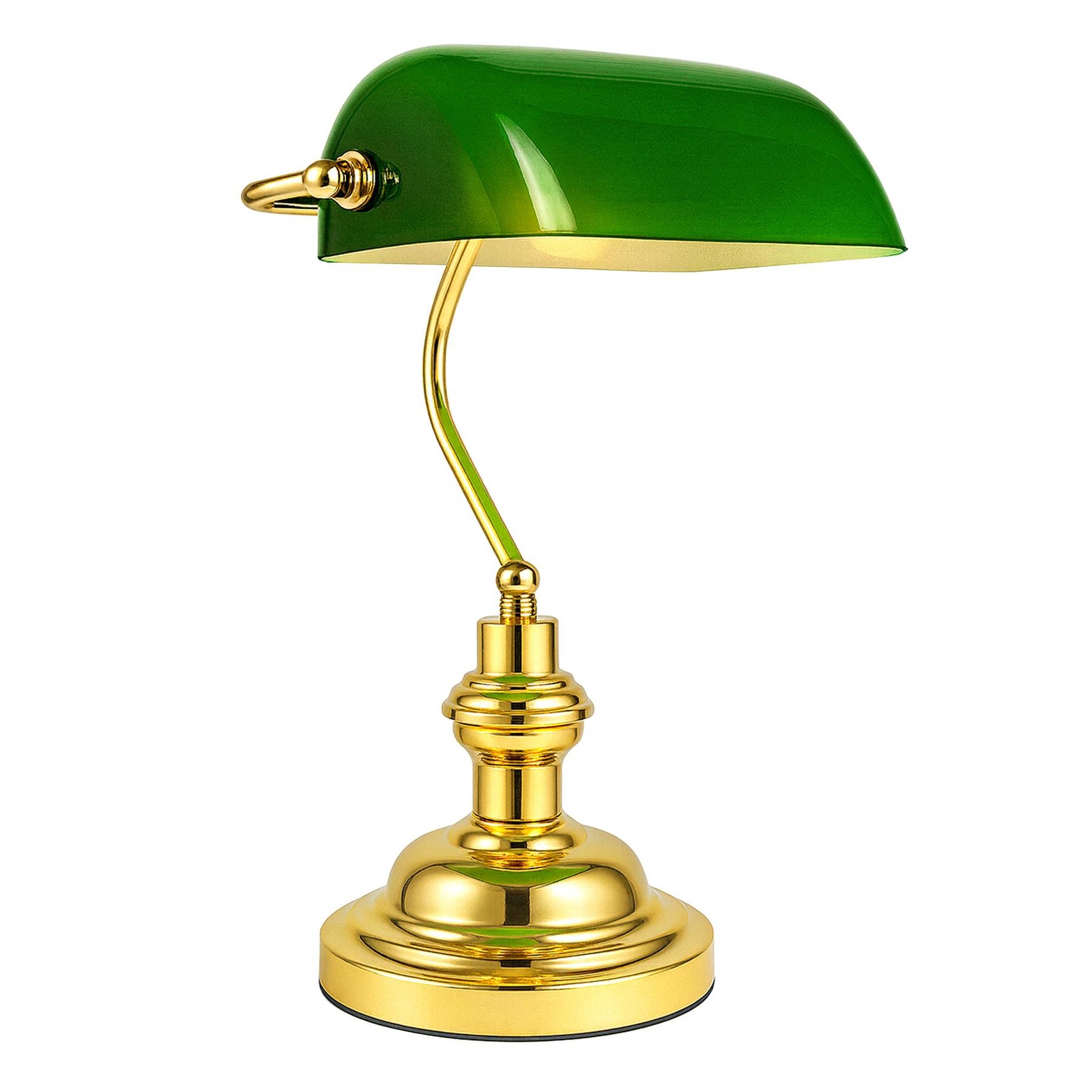 Retro Bankers Lamp Polished Brass Base Classic Green Glass Shade 15 Inch