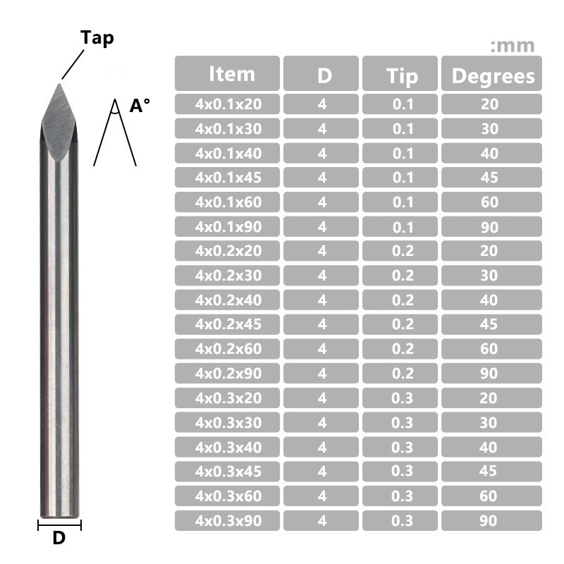 4mm Shank 0.2mm Tip 60 Degree Carbide 3 Flutes Wood Engraving CNC Bit