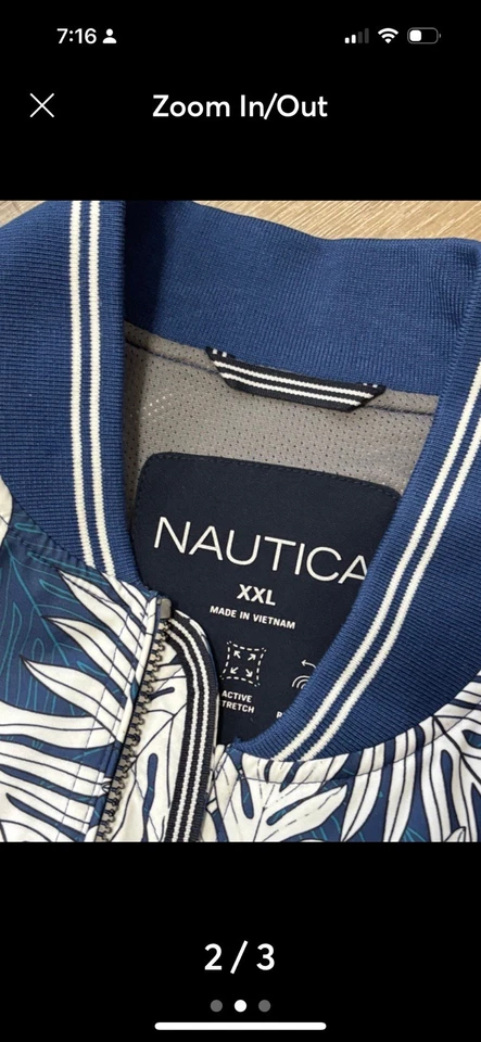Nautica 夹克男式 XXL 蓝色白色花卉叶子全拉链长袖外套全新带标签 — 第 2/3 张图片