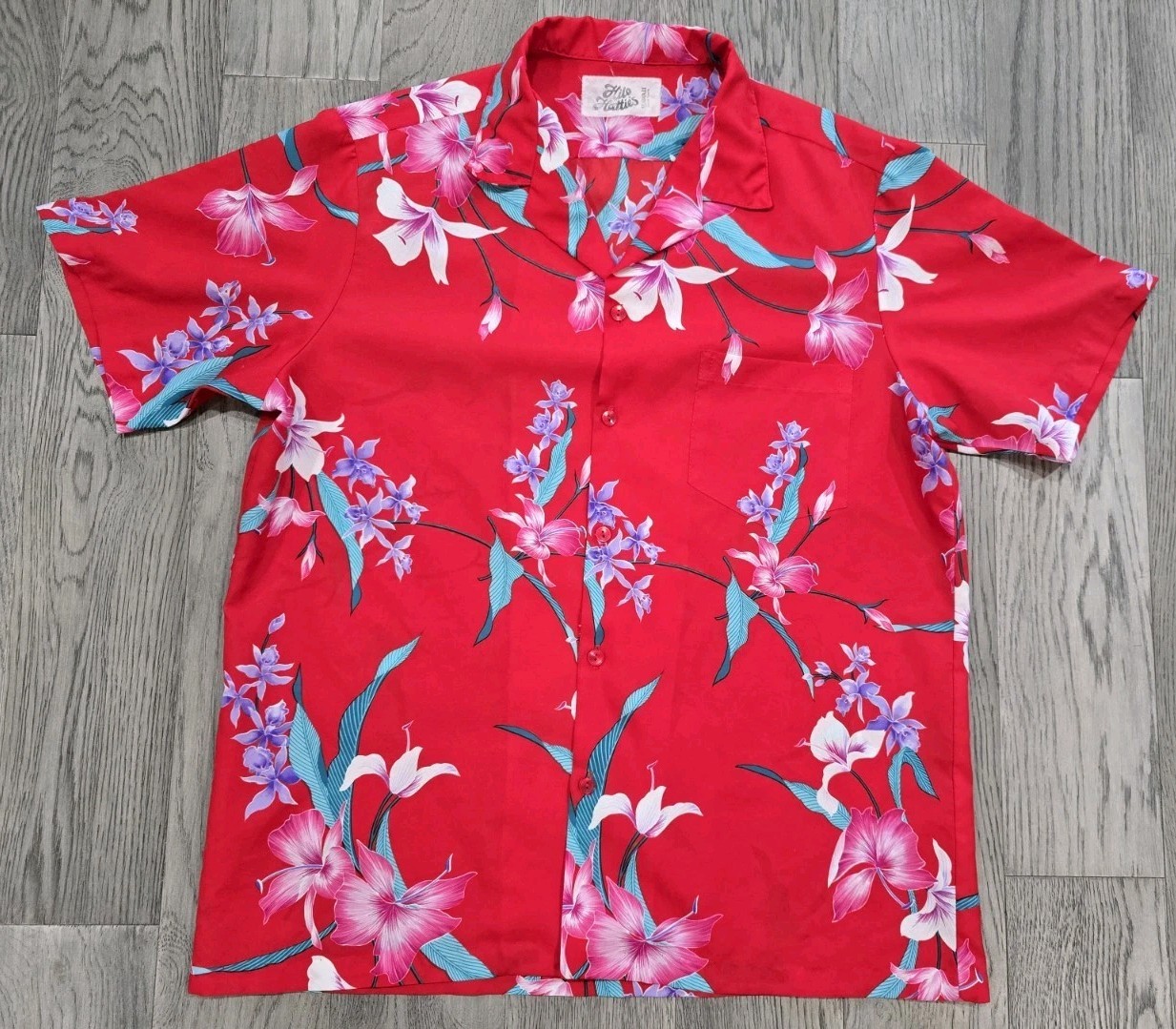 Vtg Hilo Hattie Hawaiian Shirt Men’s Size Large Red Floral Tropical USA Resort