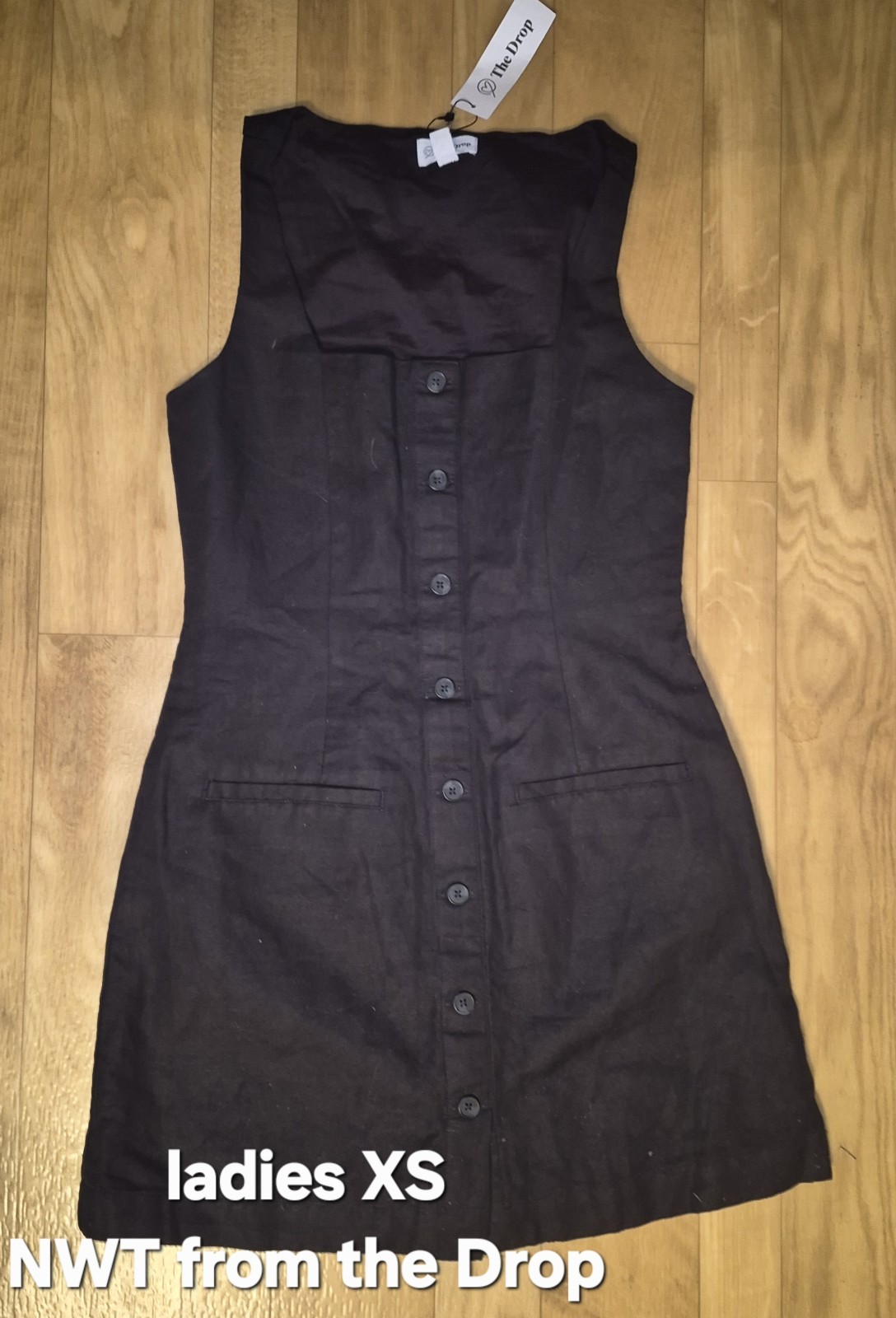 The Drop Black Linen Mini Dress Square Neck Button Strappy Sleeveless XS