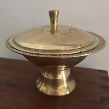 Vintage Indian Brass Small Pot With Lid Decorative Gold Color Engraved Delicate