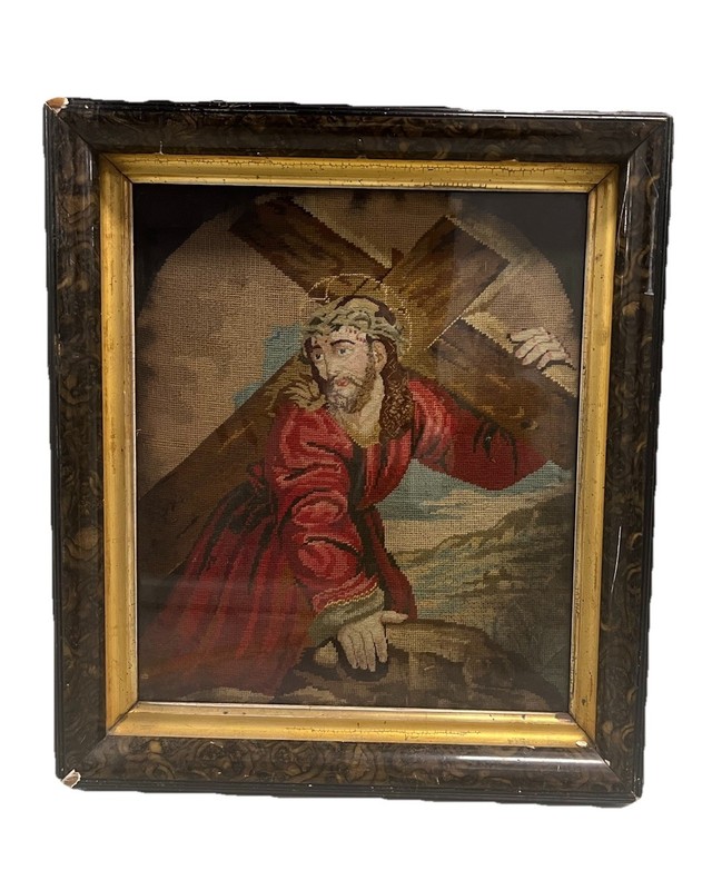 Antique Hand-Stitched Religious Needlepoint – Christ Carrying the Cross