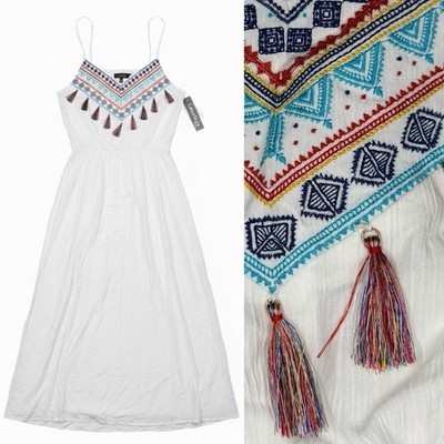 Maxi Sun Dress Desert Boho Strappy White Mediterranean Tassels Embroidered 14