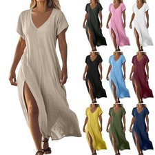 Ladies Linen Short Sleeve Long Dresses Womens Summer Casual Solid V Neck Dress