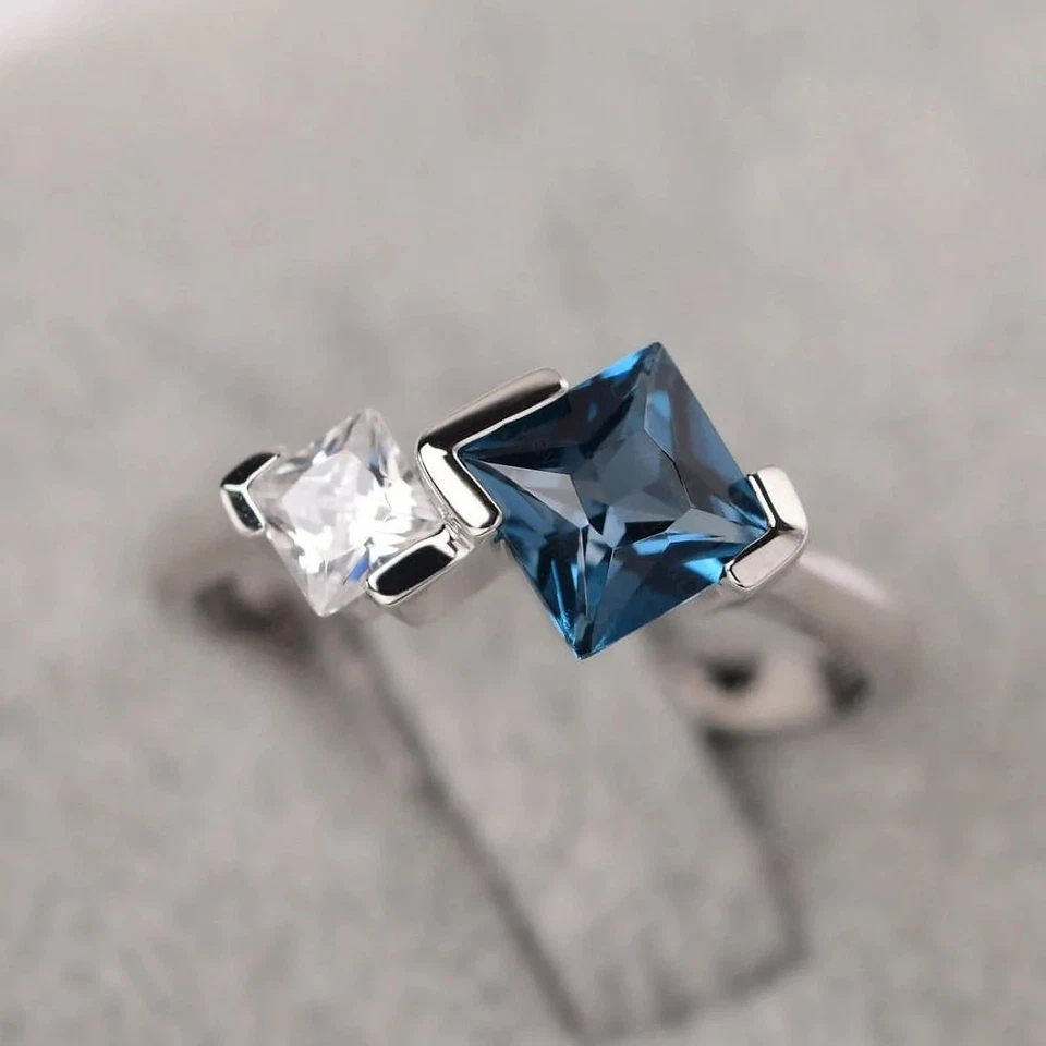 Princess Cut London Blue Topaz Proposal Ring Moissanite 925 Sterling Silver Ring - Image 4 of 4