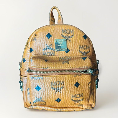 MCM Visetos Monogram Cognac Mini Backpack Studded Zip Closure Gold Hardware