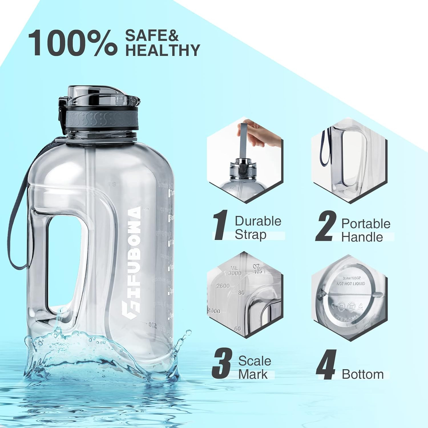 3L Goal Large Water Bottle with Handle BPA Free Leakproof Motivational Big Sport — image 3