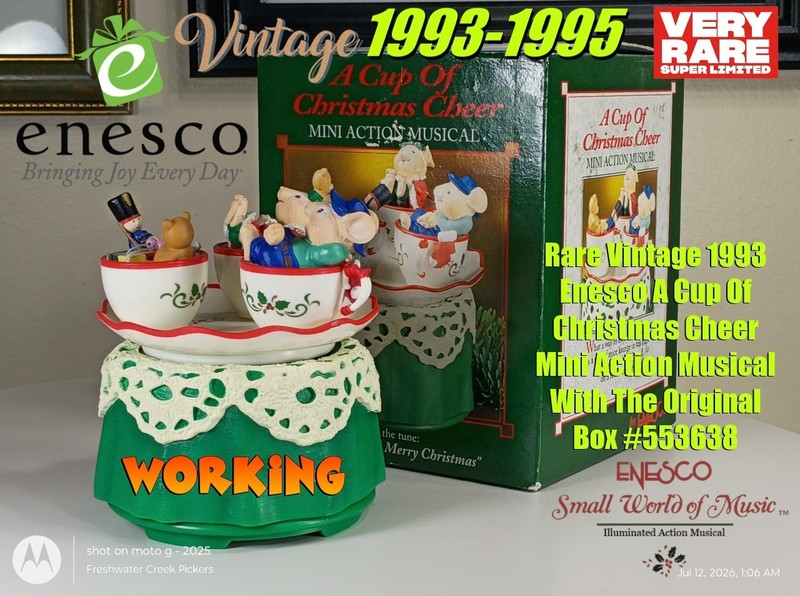 Rare 1993 Enesco Cup Of Christmas Cheer Mini Action Musical Original Box #553638