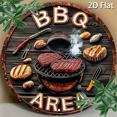 [2D Flat] Vintage BBQ Area Tin Metal Signs Home Décor 8x8 Round Aluminum Wall Ar