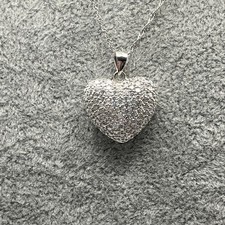.925 Sterling Silver CZ Encrusted Puffy Heart Romantic Pendant Necklace