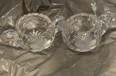 Vintage Depression Glass Cream and Sugar Set Etched Flower Clear Cut Heavy Glass