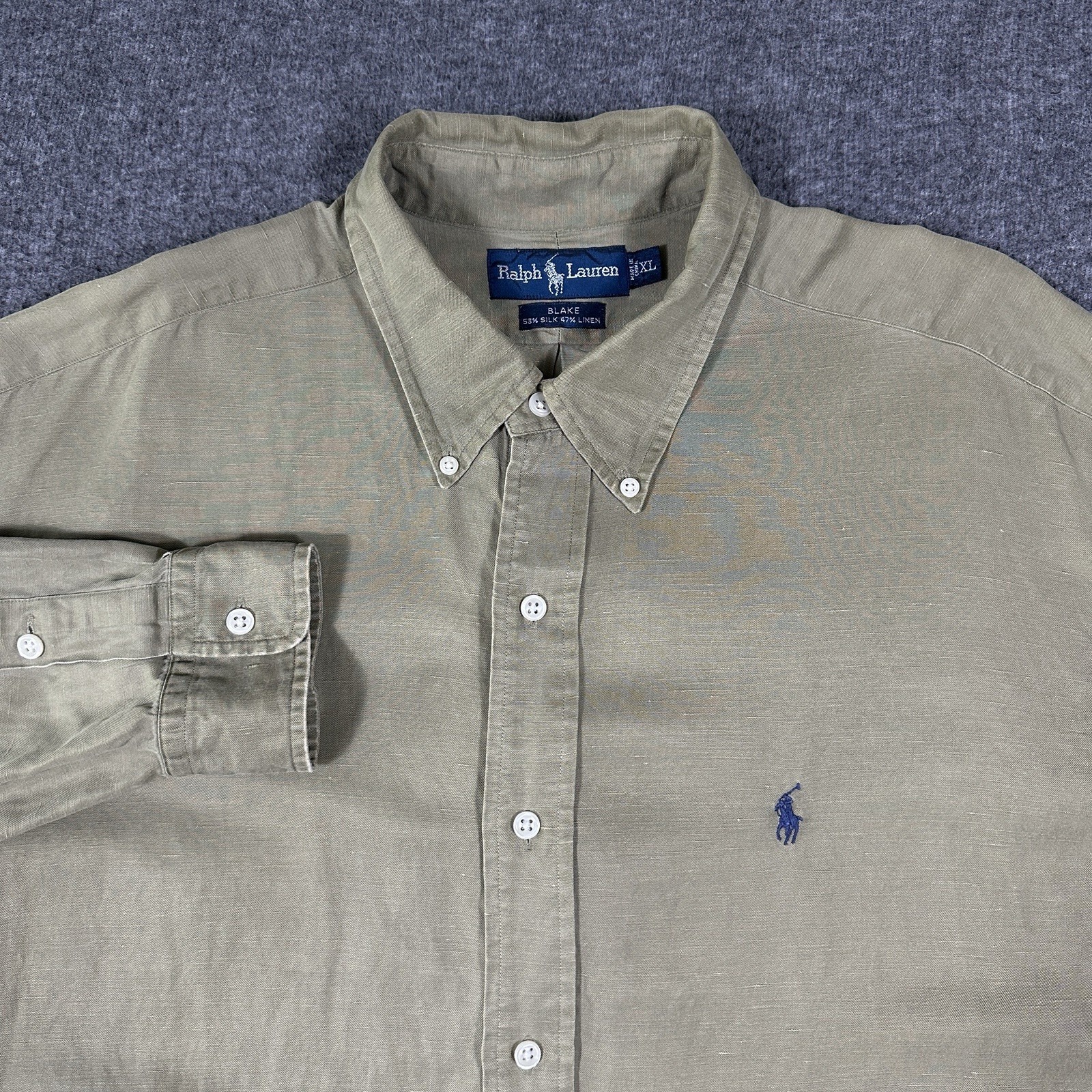 Vtg Polo Ralph Lauren Silk Linen Blake L/S Shirt Mens XL Olive Green Oversized