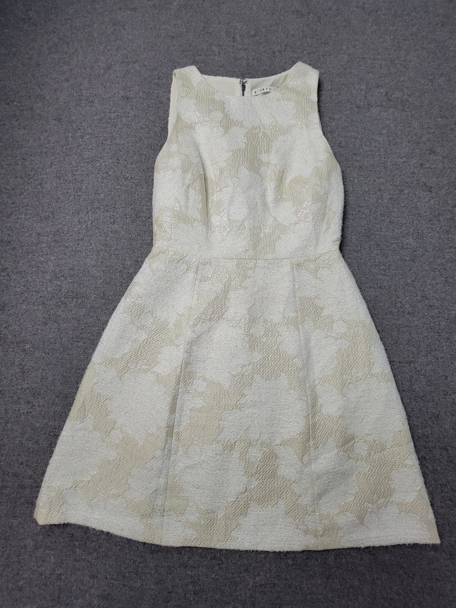 Alice + Olivia Womens Fit Flare Dress Cream Gold Jacquard Sleeveless 2