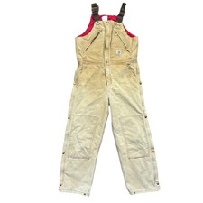 Carhartt Tan Duck Insulated Bib Overalls Red Lined Workwear 37x28 USA