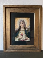 Vintage Sacred Heart Of Mary Framed 13.5” X 16.5” Gold Frame Black Mat Catholic
