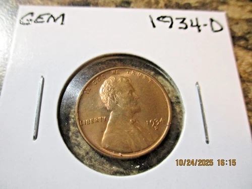 1934-D LINCOLN WHEAT CENT GEM BU RED FROM ORIGINAL ROLL    WWX