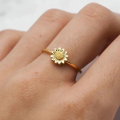 Silver Tone Ring Sunflower Design Fancy Finger Band Adjustable Women Jewelry