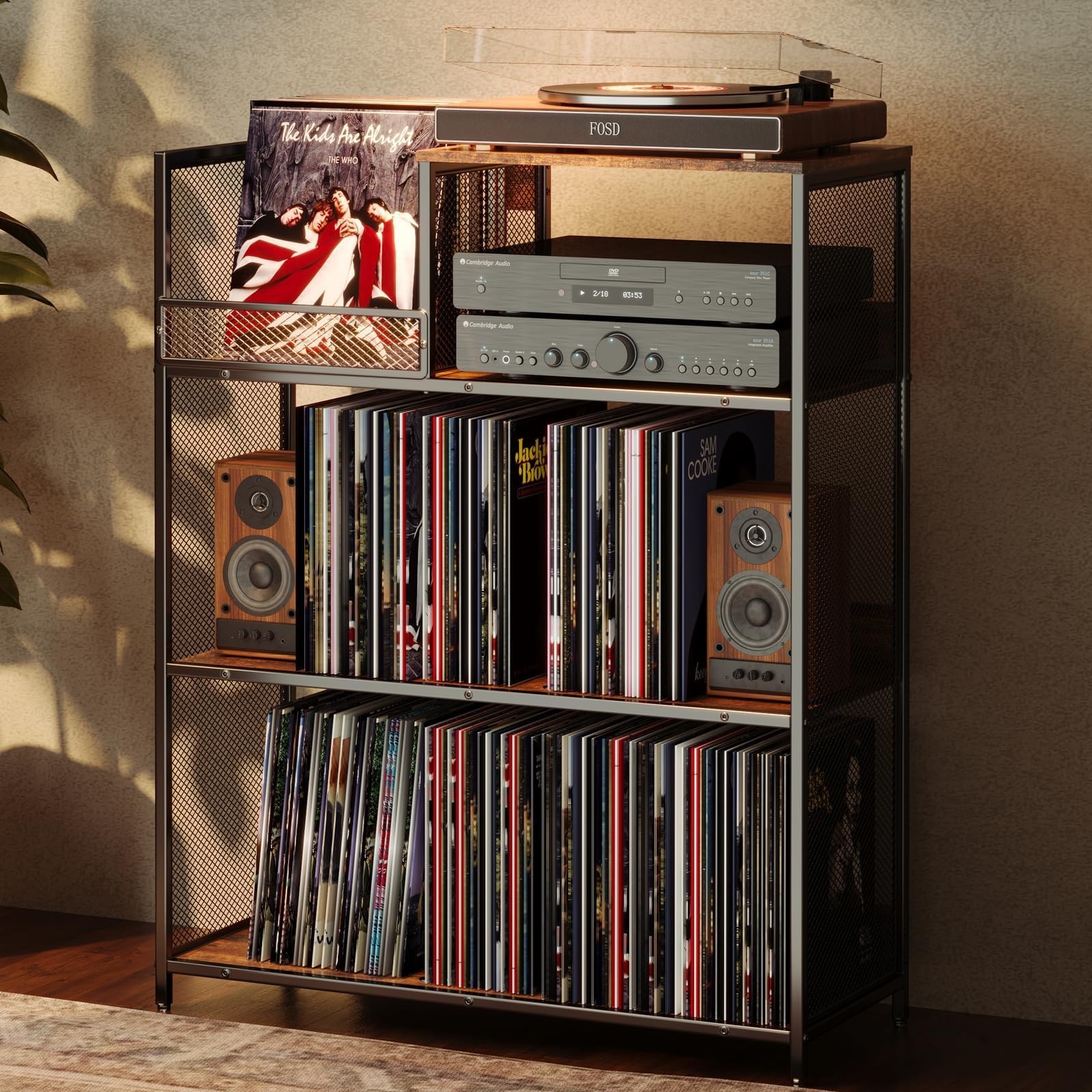 4 Tier Large Turntable Stand Holds 380-450 Vinyl Records with Storage