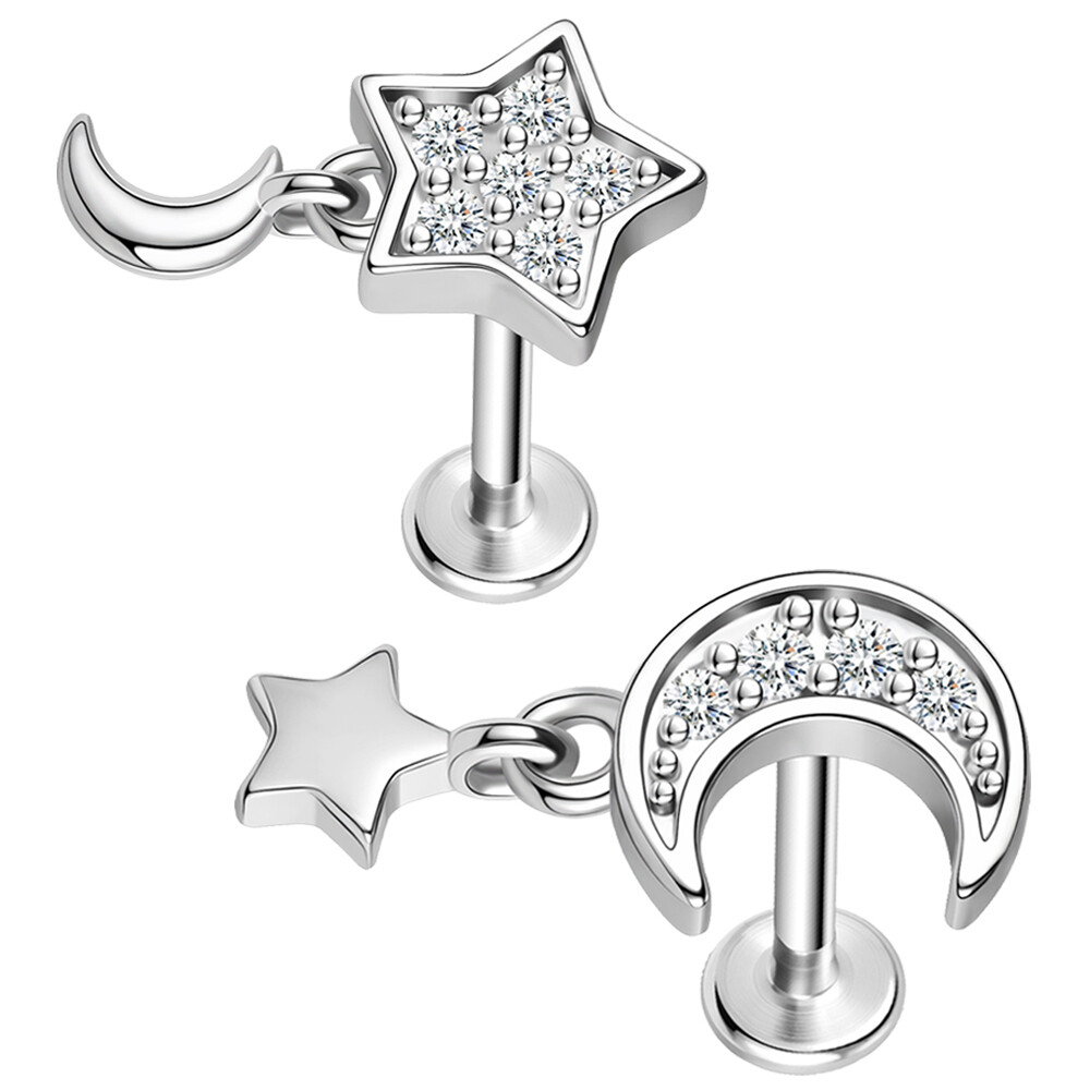Pc Stainless Steel Star Moon Labret Lip Rings CZ Tragus Helix Piercing  Jewelry