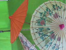 Oriental Wooden Umbrella Bamboo Paper Parasol Pink  Yellow Floral 2'L Vintage