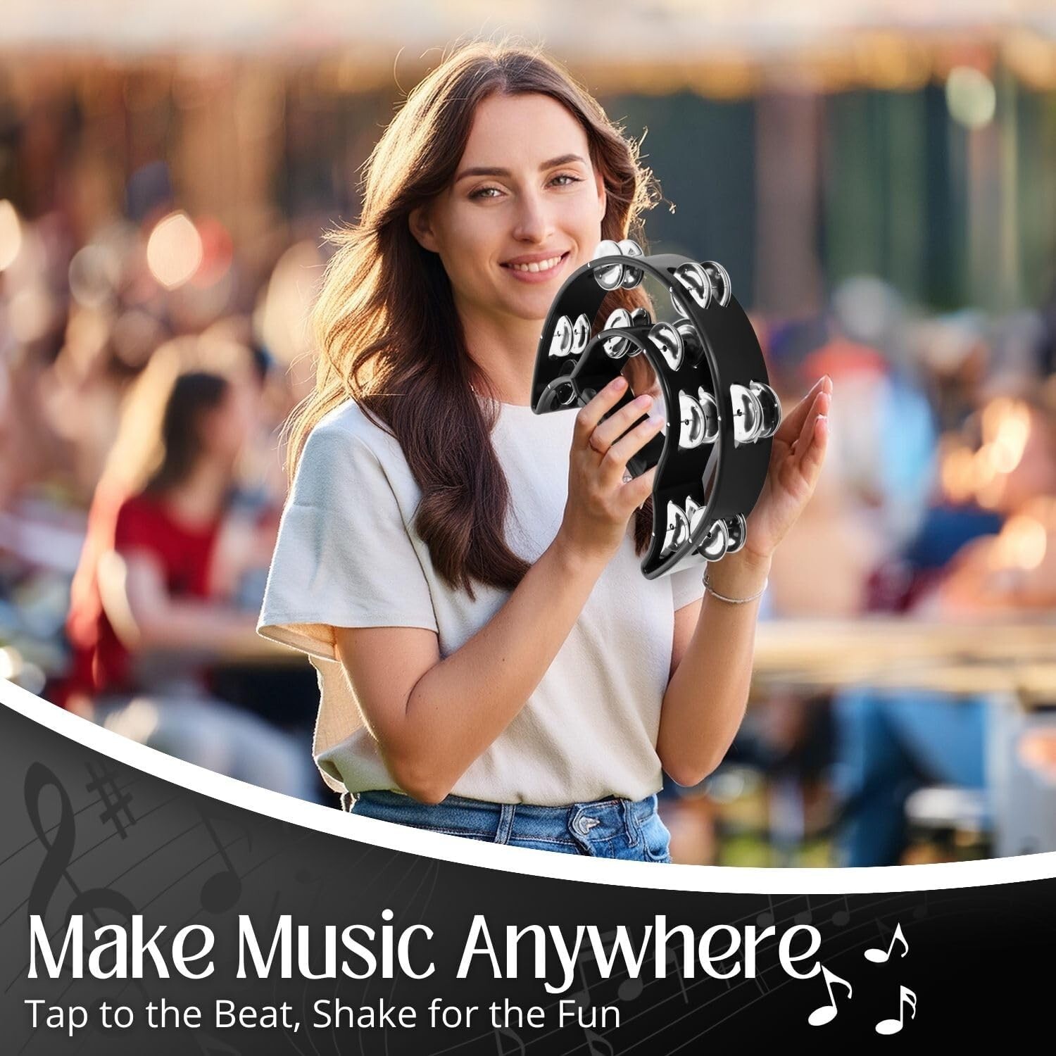 Pandereta de doble hilera, sonajas metálicas, percusión manual pandereta. neuvo.