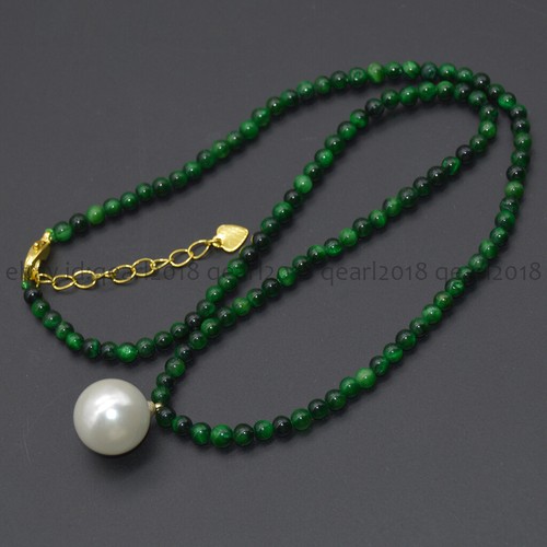4mm Natural Assorted Gemstone 14mm Round White Shell Pearl Pendant Necklace 18'' - Picture 189 of 198