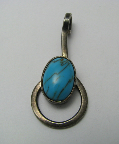 TAXCO STERLING SILVER MODERN PENDANT ARTISAN TURQUOISE STONE Taxco Mexico c1960s