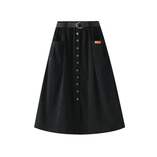 Women A-line Midi Skirt High Elastic Waist Pleated Belt Thermal Button Down - Picture 14 of 22