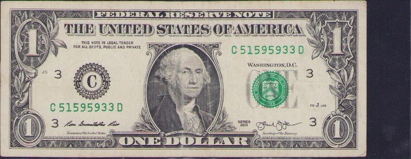 Fancy US Federal Reserve $1 Dollar Bill Serial Number C 51595933D Very Cool 2013