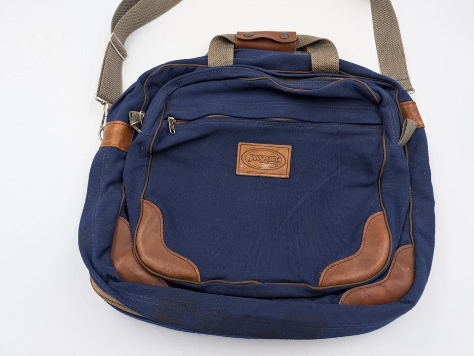 Jansport Messenger Laptop Bag Shoulder Strap Blue Canvas Leather Made In USA VTG - Image 3 of 4