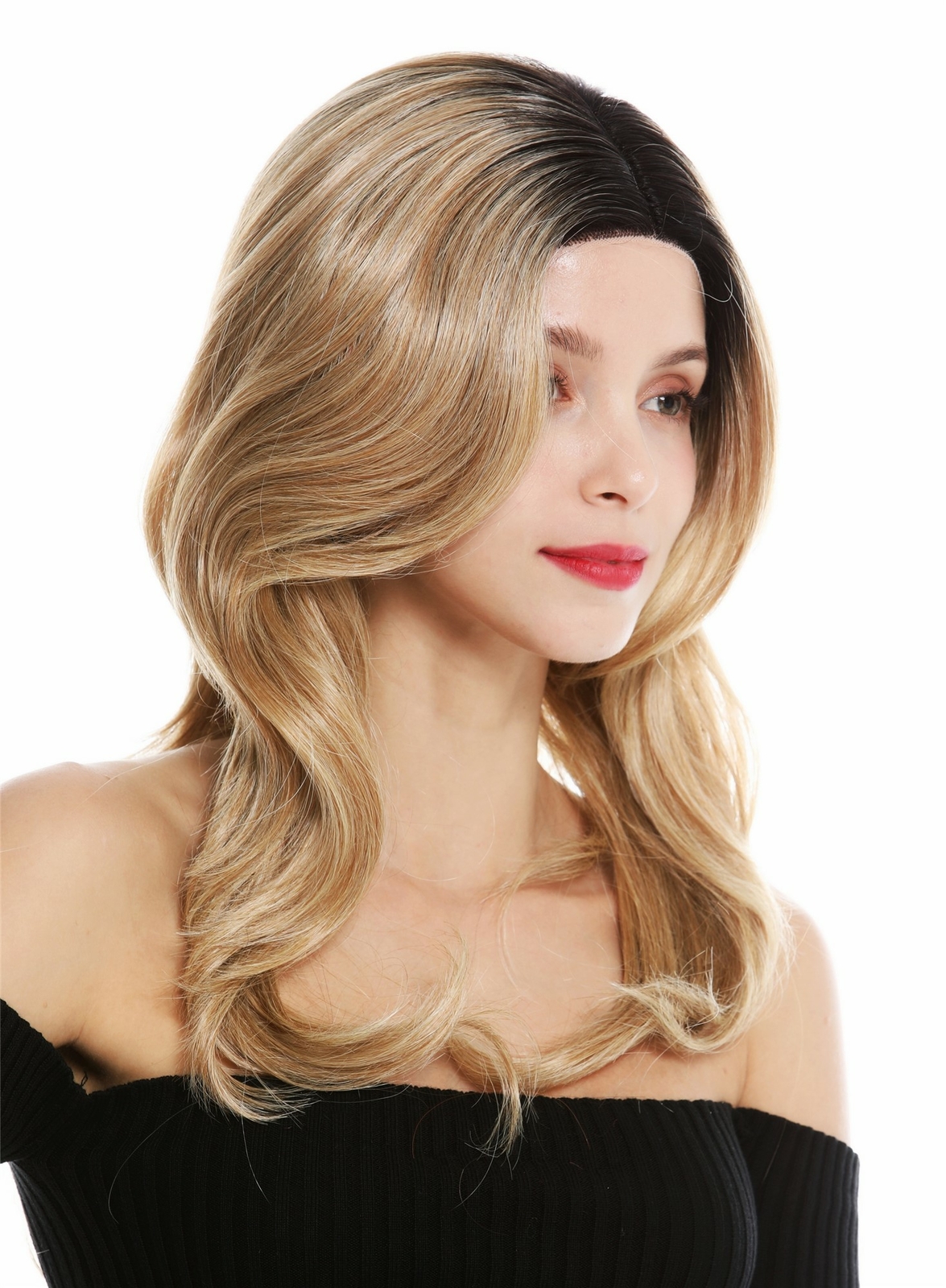 Women Black Blonde Monofilament Lace Front Wavy Wig with Stripe Highlights