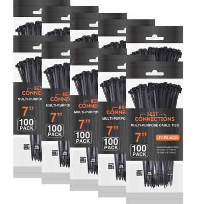 1000 Pieces 7'' Black Nylon Cable Zip Wire Ties Up to 50 Lbs (10 Packs of 100)