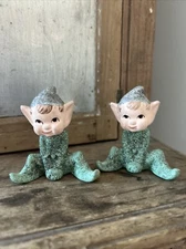2 Vintage Commodore Japan Pixie Elves Elf Sprite Mica Glitter Christmas Figurine