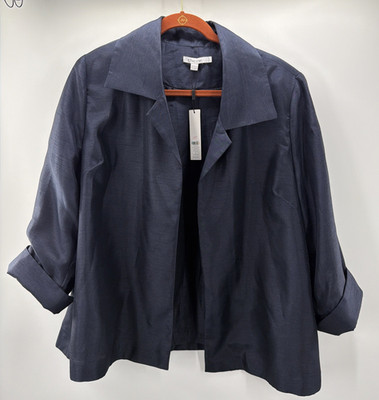 Chico s Satin Shantung Topper Jacket Sz L Open Front Navy Pockets Blazer NWT
