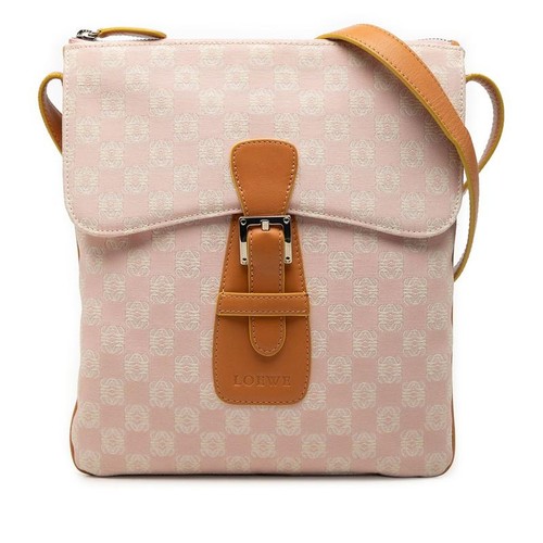 Loewe Anagram Crossbody Shoulder Bag Pink Brown Leather Canvas Used