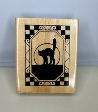 Anita s Halloween Black Cat Moon Checkered Border Wood Mounted Rubber Stamp 2002