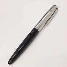 Parker 21 Fountain Pen VTG Black Brushed Silvertone Cap Arrow Clip Hooded Nib