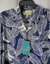 CARIBBEAN Roundtree Yorke Shirt Medium blue white Hawaiian print short sleev NWT