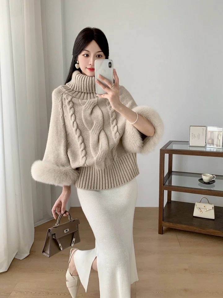 Winter New High Collar Bat Sleeve Slimming Cloak Fox Fur Sweater Coarse Knitted - Image 4 of 4