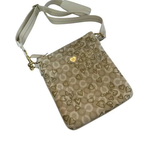 Coach Waverly 43758 cuori oro e cachi PVC tracolla swingpack etichetta da appendere us intime ottimeioni