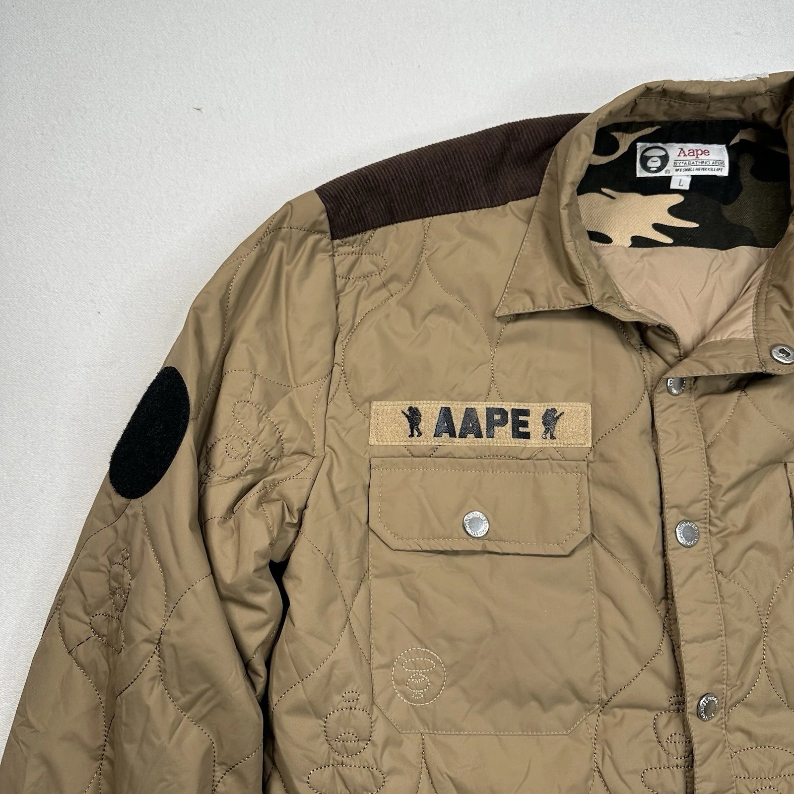 AAPE BY A BATHING APE Quilted Jacket Size Large Patches Military Beige Workwear image 4