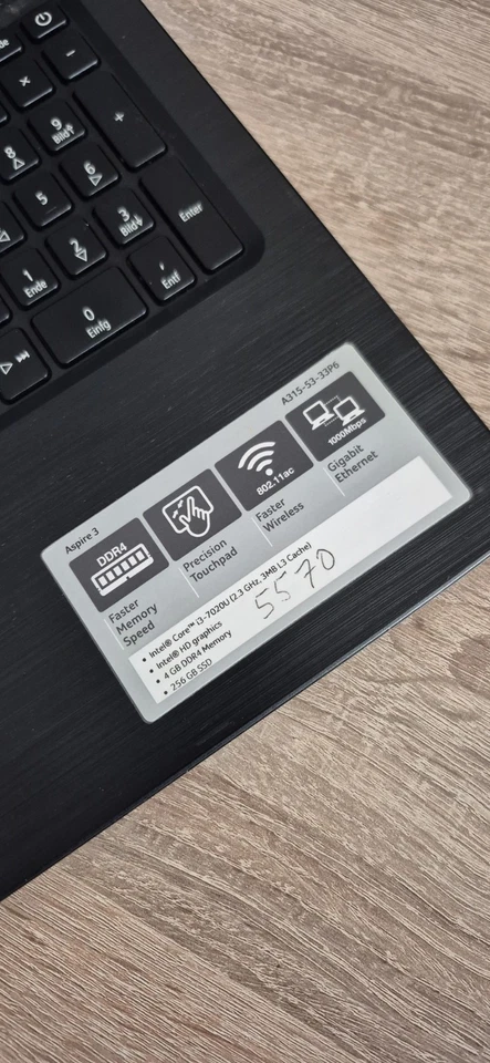 Acer Aspire 3 A315-53-33P6 15,6 i3-7020U 2,3GHz, 4GB RAM, 512GB SSD, Intel HD - Bild 2 von 4