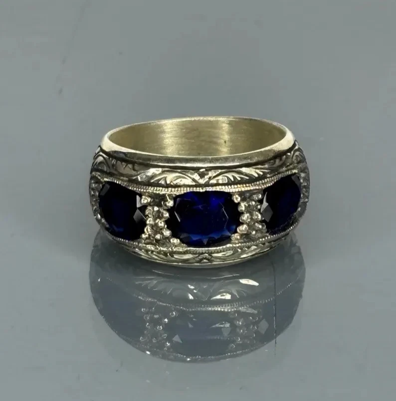 Anel masculino feito à mão de prata esterlina 925: joias vintage azul safira - Imagem 2 de 4