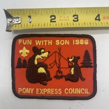 Vintage 1986 Boy Scout Pony Express Council Fun With Son Patch ~3x4” Square BSA
