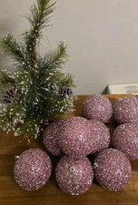 Christmas Ornaments Baubles Pink Foil Glittered Large 4" Shatterproof Set/9 READ