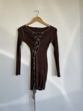 Fashion Nova Dress Women Extra Small Brown Mini Lace up Wrap Long Sleeve Ladies